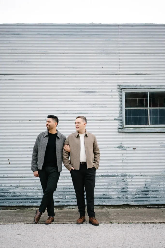Same-sex couple standing together during a relaxed engagement portrait session in Grapevine, Texas.